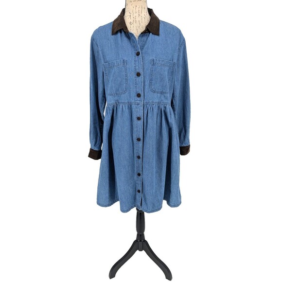 CAMBRIDGE SPIRIT Dress Size 12 Blue Denim Brown Corduroy Collar - Picture 1 of 13